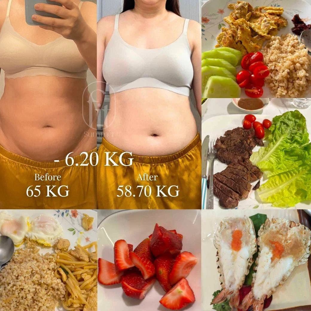 ภาพก่อนและหลัง น้ำหนักที่ระบุในภาพ 65 และ 58.70 กิโลกรัม พร้อมภาพอาหาร